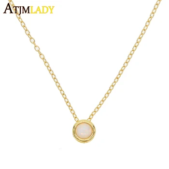 

New Opal Stone pendant Necklace round Opals Charm Necklac Setting Thin Chain 925 Sterling Choker Women delicate Necklace