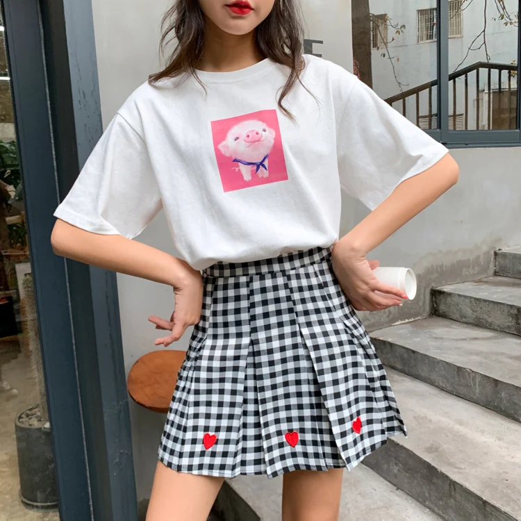 4 цвета, Harajuku, модная женская юбка с высокой талией, Милая Мини-юбка с вышивкой в виде сердечек для девочек, хлопковая Студенческая трапециевидная плиссированная юбка