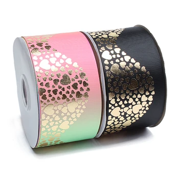 

(50 yards/lot ) Free shipping 3 inch heart gold foil printed grosgrain ribbon
