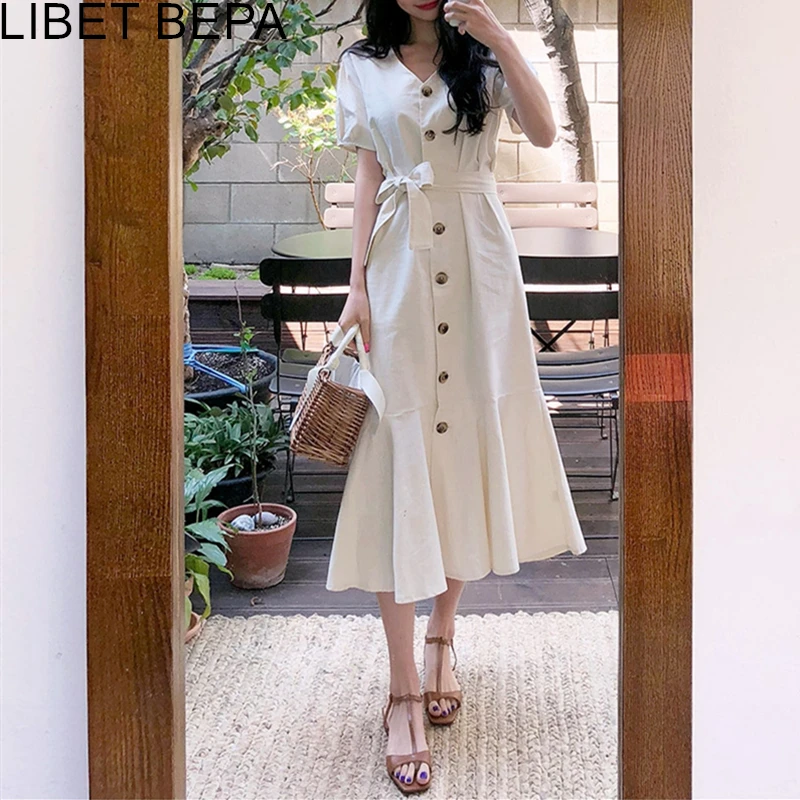 Женское винтажное платье с завышенной талией повседневное однобортное длинное