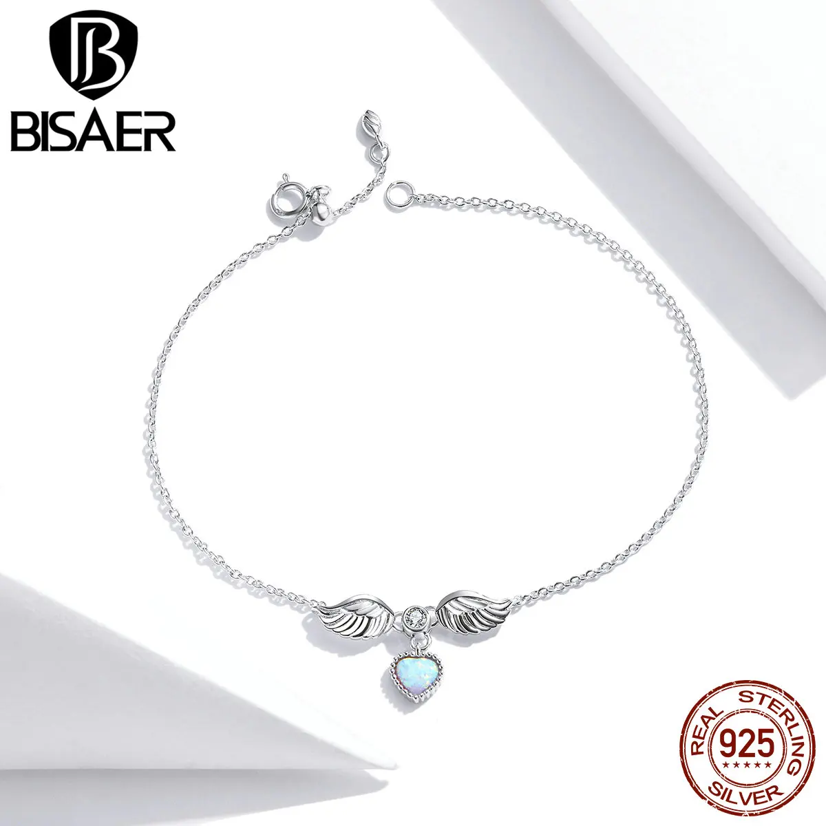 BISAER Сердце & браслеты с крыльями Настоящее серебро 925 пробы опал Циркон цепочка