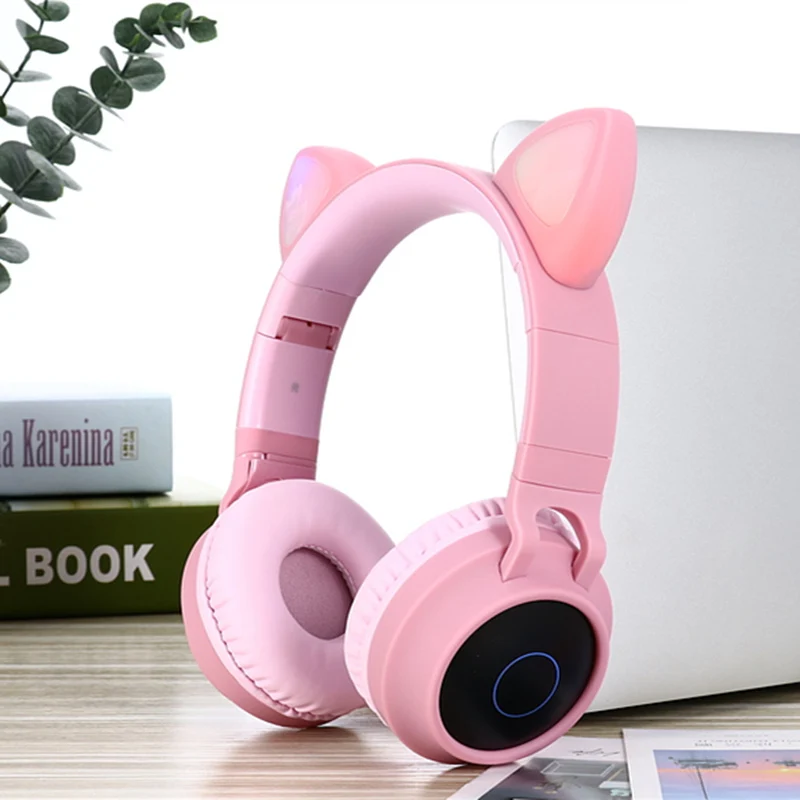 Pink no retail box Кошачьими ушками светодиодный наушники Шум с шумоподавлением Bluetooth 5,0 детская одежда для мальчиков и девочек складные наушники Поддержка TF карты 3,5 мм разъем с микрофоном - Цвет: Pink no retail box