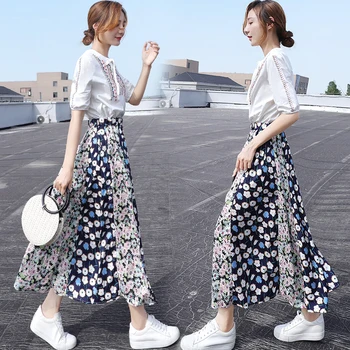 

Boho Suit Female T Shirt Top And Floral Print Skirt Two-Pieces Women Summer Cloth Casual Girl Elegant Matching Sets Plus Outfit