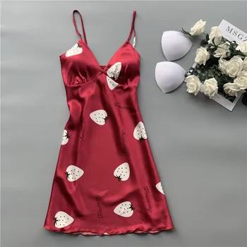 

Lisacmvpnel Imitate Real Silk Printing Nightdress Sexy With Chest Pad Nightgown Satin Deep V Neck Sleepwear