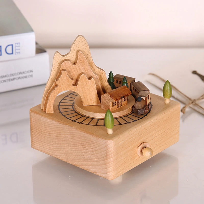 Kongwal Train Crossing the Cave Wooden Music Box Clockwork Type Hand Cranked Music Boxes Wood Crafts Home Decoration Accessories