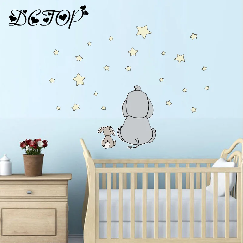 Cute Cartoon Nursery Elephant and Rabbit Wall Decals DIY Stars Stickers For Kids Baby Room Home Decortion Funny Art Vinyls Mural (6)
