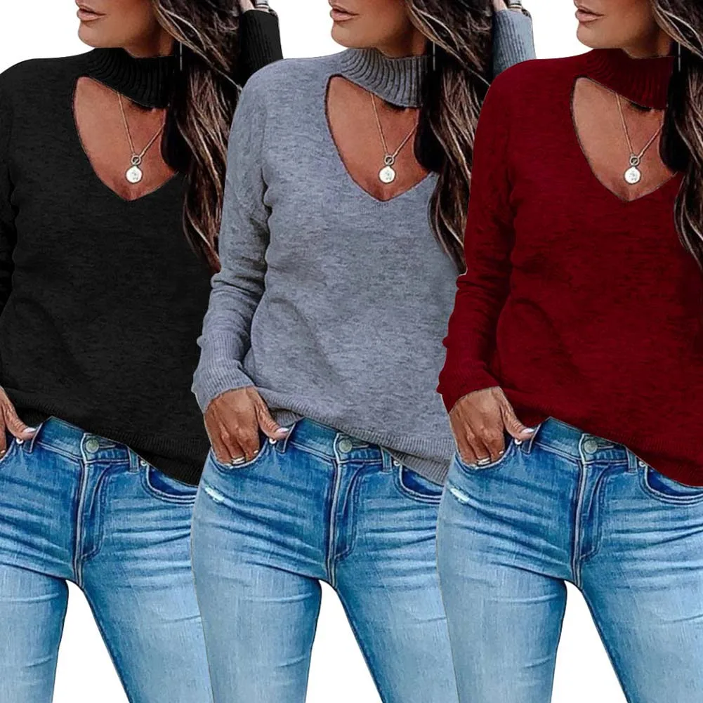 

Women Sweater England Style choker Tops Fashion Ladies Full Sleeve Solid O-Neck Loose Casual Female Sweater Hot Sale Large Size