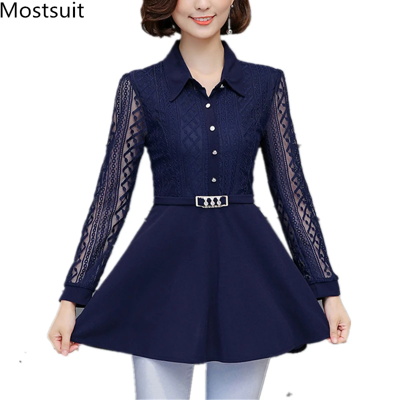 

M-5xl Plus Size Lace Long Blouses Tunics Tops With Belt Women Long Sleeve Turn-down Collar Office Elegant Korean Shirts Blusas