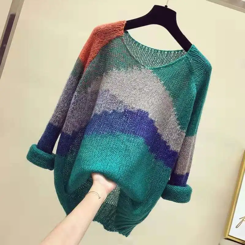 

Joker Colorful Striped Women Sweater Spring Autumn Warm Long Sleeve Knitted Pullover Causal Loose Sweater Pull Femme Tops