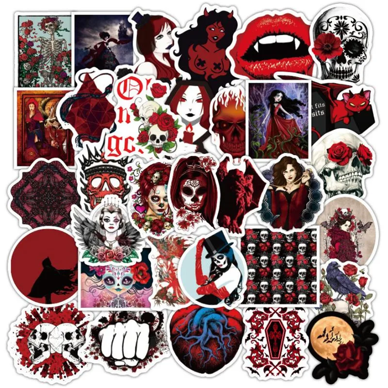 

10/30/50 PCS Gothic dark red horror cartoon graffiti notebook suitcase skateboard waterproof stickers decorative toys wholesale