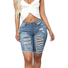Выдалбливают джинсы джинсовые шорты для женщин тонкий деним до колена джинсы мода отверстие дамы брюки обтягивающие джинсы Femme Mujer# G30