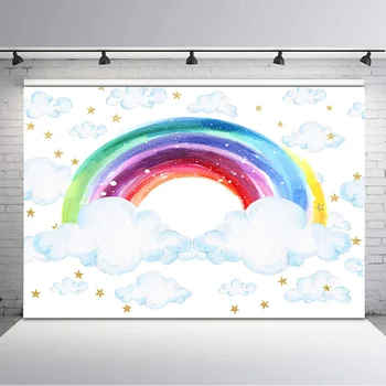 

NeoBack Rainbow Theme Birthday Backdrop White Clouds Gold Star Photo Background Baby Shower Dessert Table Banner Backdrops