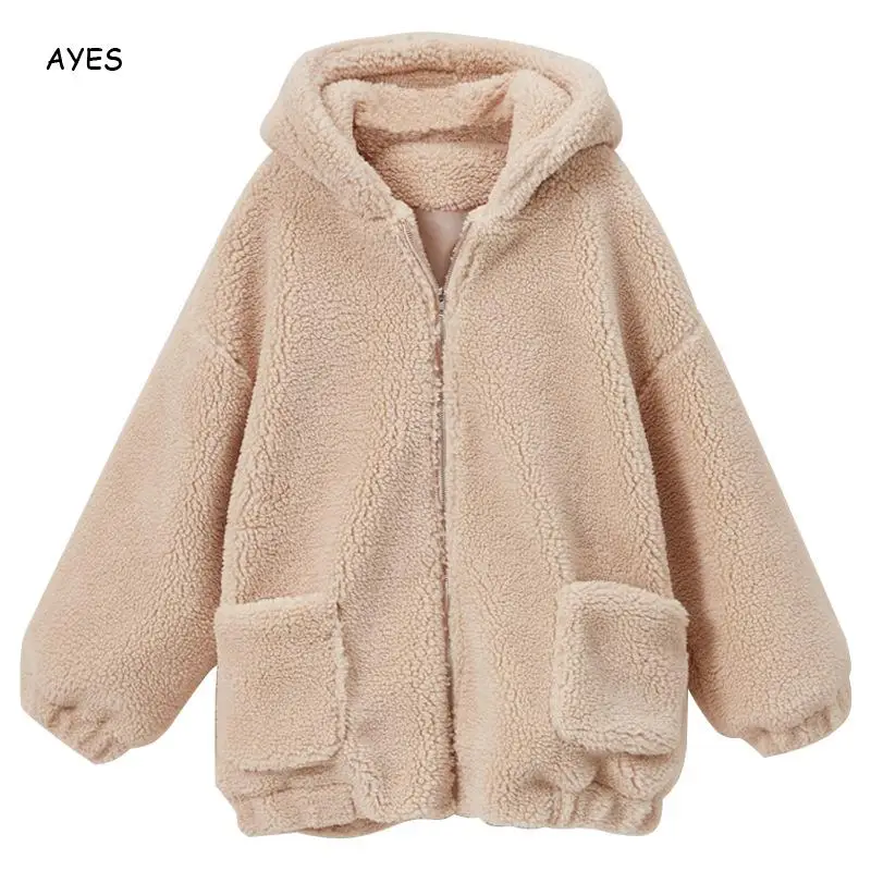 Модное пальто с капюшоном, зимнее пальто из искусственного меха с длинным рукавом, плюшевая куртка с карманами, Меховая куртка с капюшоном, толстое теплое пальто для женщин