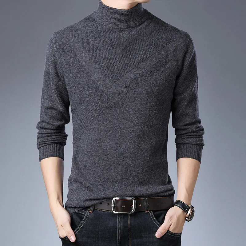 Новинка, модный свитер с высоким воротом для мужчин, пуловеры, жаккард, Облегающие джемперы, вязанный зимний Корейский стиль, повседневная мужская одежда - Цвет: Mid Grey