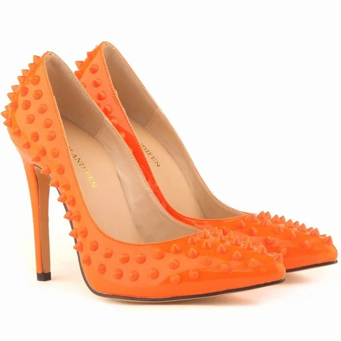 New Women Sexy Party Pointed Toe Pumps Solid Color Thin High Heels Shoes Patent Leather 11CM Slip On Rivet 2023 size 35-42