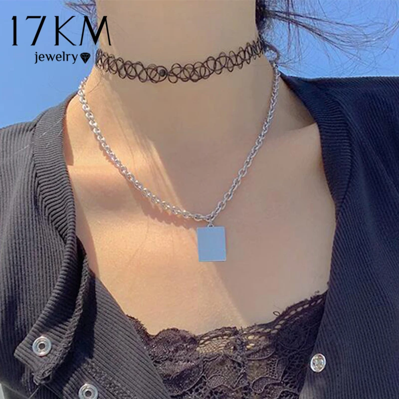 17KM Punk 2 uds gargantilla de encaje tipo tatuaje Collar para las mujeres gótico de Color plata geométrica collar con colgante cuadrado de la joyería|Collares - AliExpress