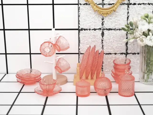 1:6 doll house mini model furniture accessories Glass texture combination （Including cups and saucers, fruit plates, salad bowl 5