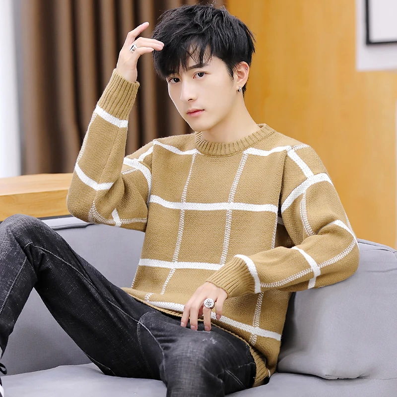 Plaid Sweater Men's Slim Warm Fashion Contrast Color Casual Knit Sweater Man Streetwear Wild Long-sleeved Pullover Men Clothes Plaid Sweater Men's Slim Warm Fashion Contrast Color Casual Knit Sweater Man Streetwear Wild Long-sleeved Pullover Men Clothes