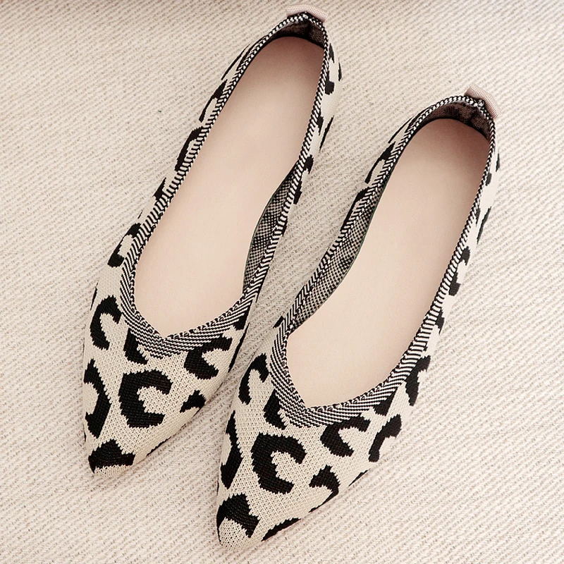 2022 Fashion Breathable Leopard Mesh Ballet Flats Pointed Toe Slip On Loafers Women Casual Soft Rubber Sole Boat Shoes Moccasins 