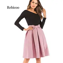 Женская весенне-осенняя юбка миди с бантиком и высокой талией, большая юбка-зонт, одноцветная Женская юбка до колен