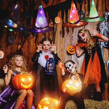 

Halloween Decorations Witch Hat LED Lighted Glowing Hats Hanging Ornaments for Outdoor Indoor Garden Yard Party Supplies