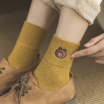 

6 Pair Women's Socks Cartoon Bear Embroidery Cotton Wild Casual Comfortable Deodorant Sweat Socks Winter Thick Warm Socks