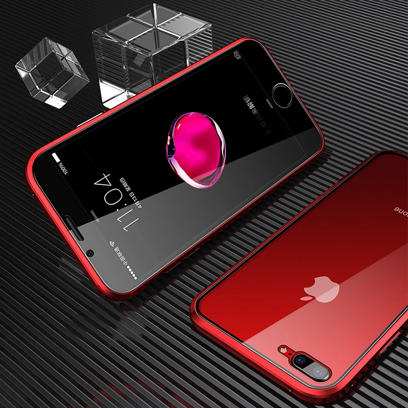 360 магнитный металлический чехол для телефона iphone 7 8 6 Plus Двойное боковое стекло для iphone X XR XS MAX 6 6S plus 9H закаленное стекло чехол - Цвет: Red