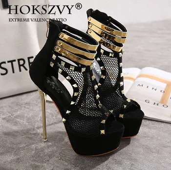 

Hokszvy 2020 New Platform Women Sandals Heels Rivet Sandals High-Heel Stiletto Rivets Cut-out Grid High-Heel Sandals JXQ