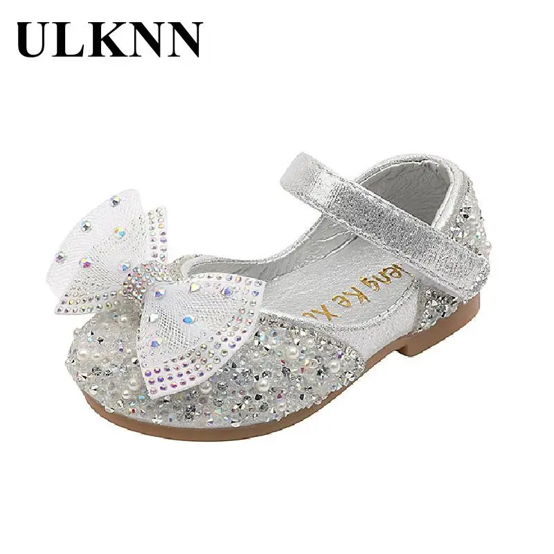 Girl Rhinestone Single Flats Kid's Bowknot Ribbon With Flat Shoes 2023 Girls Princess Square Blsck Bow Single Shoe Leather Shoe