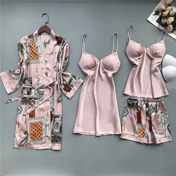 

4 piece Long Sleeves Women's Pajamas Spring And Autumn Pajamas With Chest Pad Ins Small Chest Sling Nightdress