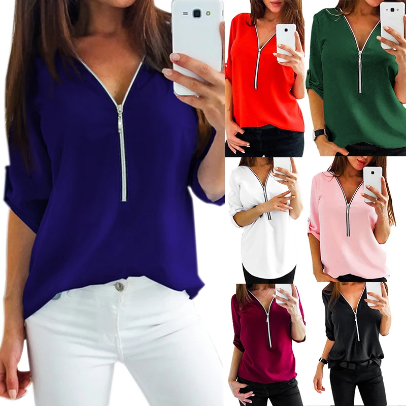 

Cysincos Autumn Blouses Women Loose Zipper Deep V-neck Slim Fit Waist Casual Women Chiffon Shirts 2019 Spring Multicolor Tops