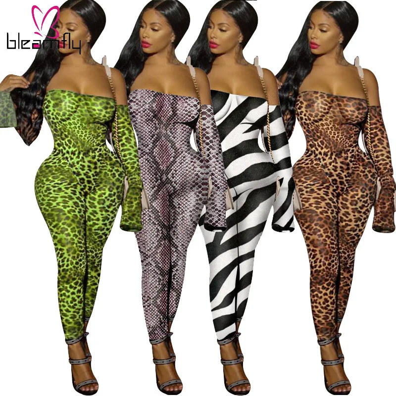 

Leopard Snake Print Sheer Mesh Jumpsuits Women Sexy Off Shoulder Long Sleeve Romper Female Bodycon Perspective Club Playsuits
