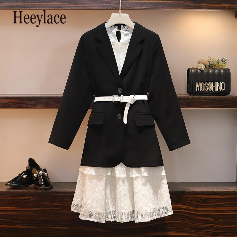 

plus size blazer coat and Lace Dress 2 piece Set 2019 Aummer Black Blazer And Elastic Waist White Lace Cake Dress Sets With Belt