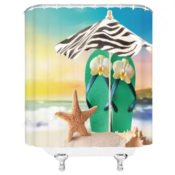 

Summer Shower Curtain Beach Island Flip Flops Starfish Conch Parasol Ocean Scenery Bathroom Decoration 70×70 Inch with Hook Hole