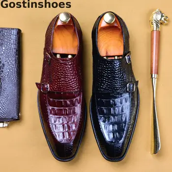 

Men Monk Strap Leather Shoes Black Brown Genuine Leather Crocodile Printed Dress Shoes Double Buckle Straps Formal Men Shoes