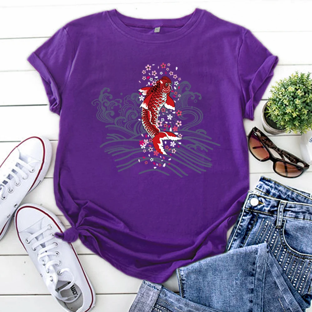 Womens Shorts Sleeve Shirts Fashion Japanese Koi Printing Woman T-Shirts Punk Casual Clothing Fashion Funny Tshirt For Women