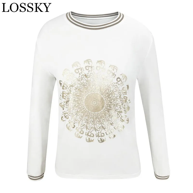 Autumn Spring Slim T Shirt Women Gold Pattern Print Round Neck Long Sleeve Femme Harajuku Korean Streetwear T-shirt White Tops