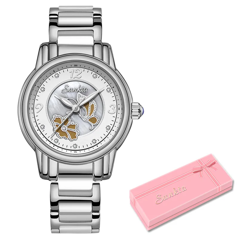SUNKTA2019 список розовое золото женские часы кварцевые часы дамы Топ бренд класса люкс Женские часы девушка часы Relogio Feminino+ коробка - Цвет: Silver white