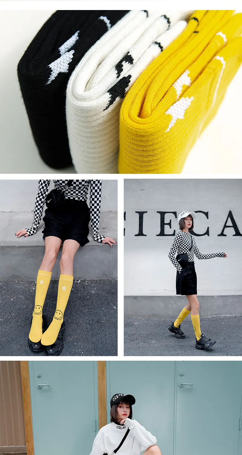 Популярные счастливые носки женские креативные узоры улыбающееся лицо пентаграмма Модные женские забавные носки для весны и лета