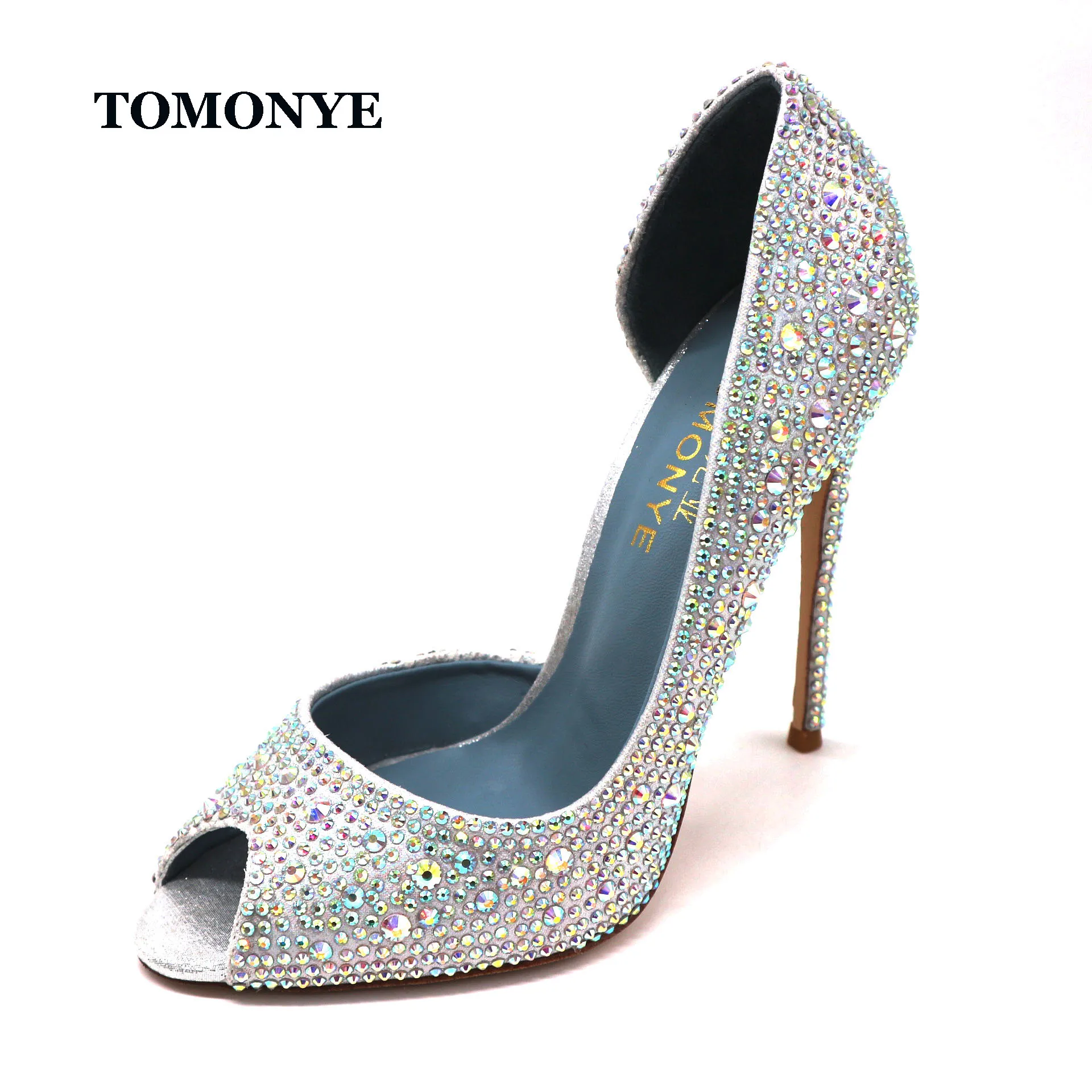 

TOMONYE luxurious silver crytsal peep toe inside open women lady spring hot sale heel bride wedding shoes size 33 42 43 44 45 46