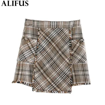 

Fashion Za Women Skirt 2019 Elegant Plaid Pattern Winter Mini Skirts Tassel Chic Buttons Pockets Zipper Female Ladies