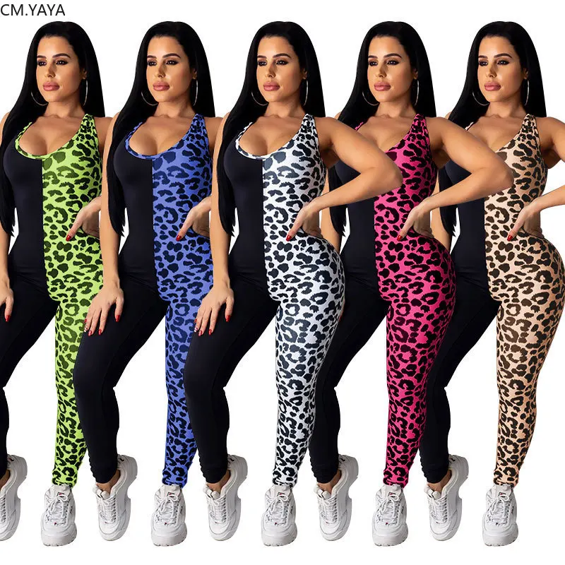 CM.YAYA Active Wear Leopard Print Patchwork Women Sleeveless Tank Open Back Bodycon Jumpsuit Streetwear One Piece Romper Overall |