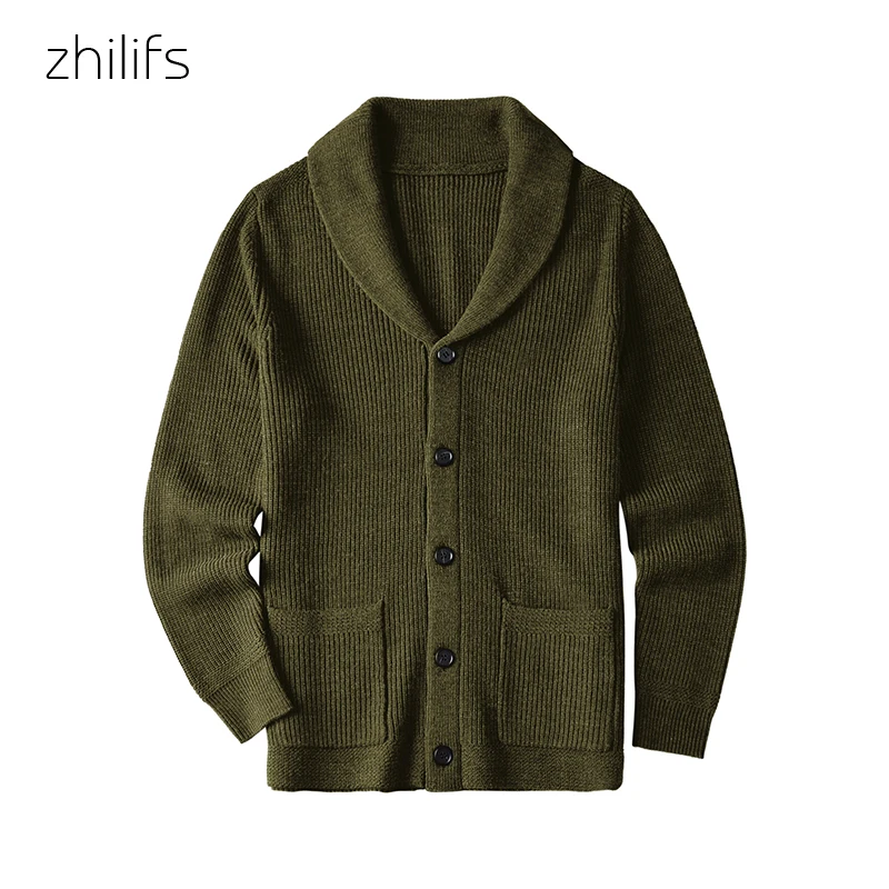 

Army Green Cardigan Sweater Men Sweater Coat Extra Coarse Wool Sweater Thicken Warm Casual Coat Men Fashion Clothing Button Up