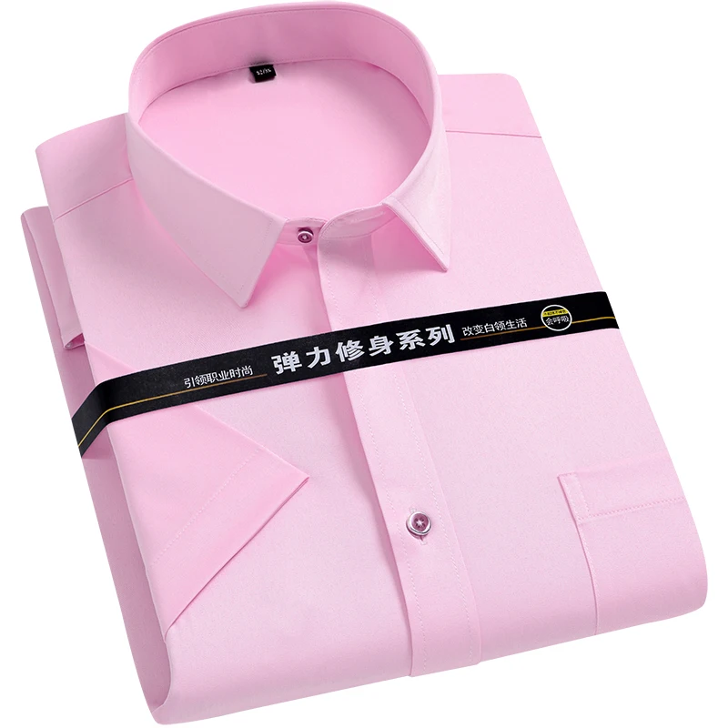 Dress Shirts Men Short Sleeve Solid Color Basic Business Social Stretchy Summer Formal