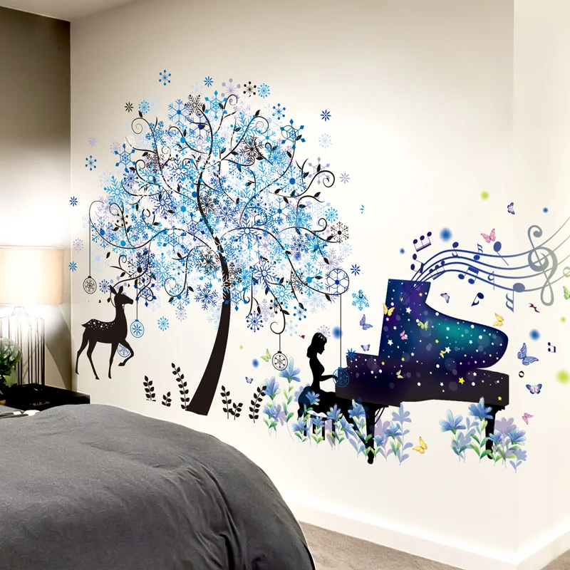 [shijuekongjian] Piano Girl Wall Stickers DIY Tree Deer Animal Mural Decals for House Kids Rooms Baby Bedroom Nursery Decoration | Дом и сад