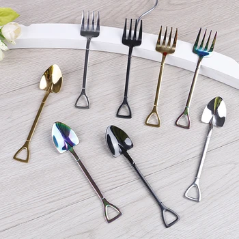 

1PCS Ice Cream Spoon Multi-color Spoon Fork Stainless Steel Shovel Shape Kitchen Accessories Long Handle Coffee Ice Cream Tools