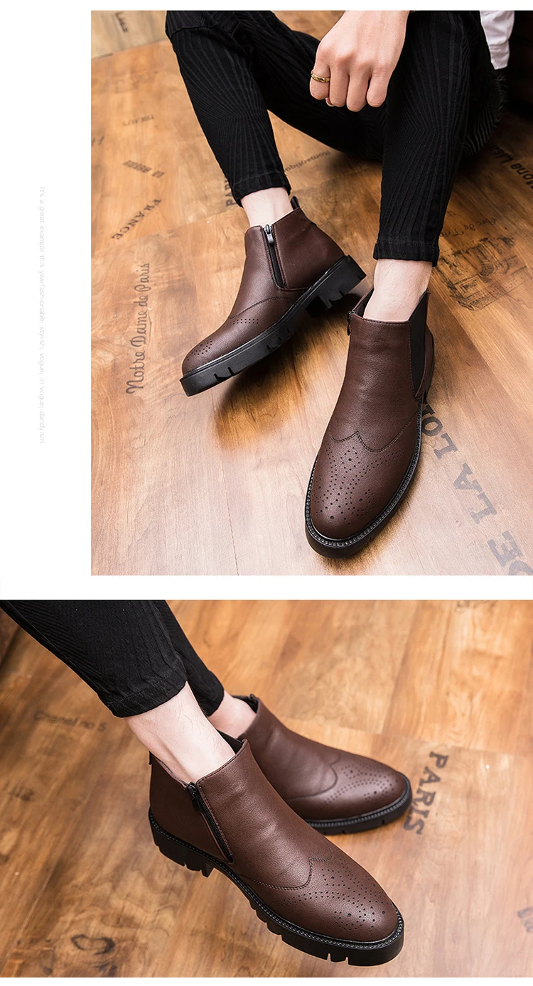 ZSAUAN/повседневные мужские ботинки-броги без шнуровки в британском стиле; кожаные ботильоны с высоким берцем на молнии в винтажном стиле; кожаная мужская обувь на платформе
