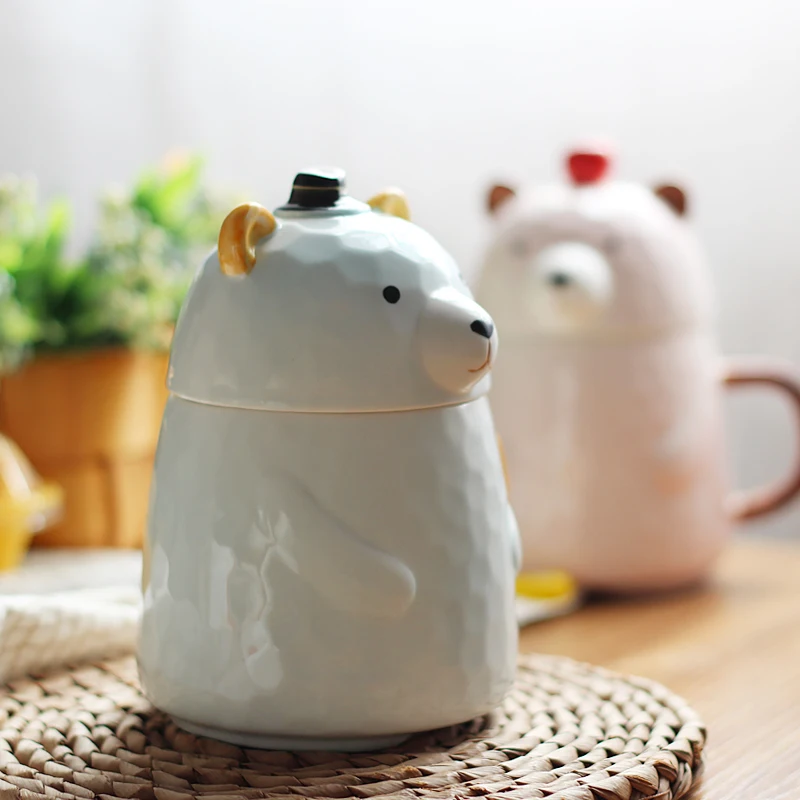 cute bear ceramic cup with cover cartoon big belly office coffee mug gift