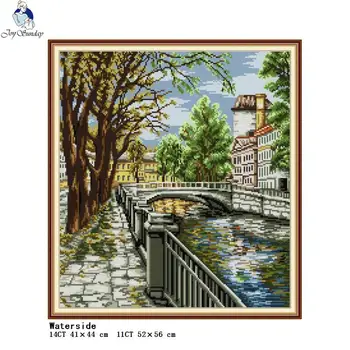 

Waterside scenery pattern stamped cross stitch kit 14ct 11ct count fabric embroidery kit DIY needlework home decoration painting
