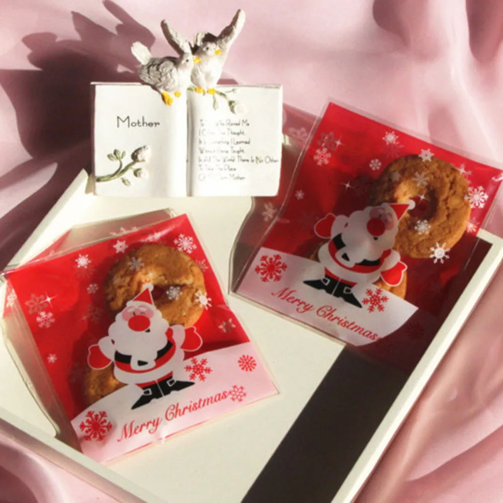 

100PCS Packaging Bags Semi Transparent Christmas Tree Santa Claus Cookies Food Biscuit Packaging Bags Self-adhesive Seal Bags